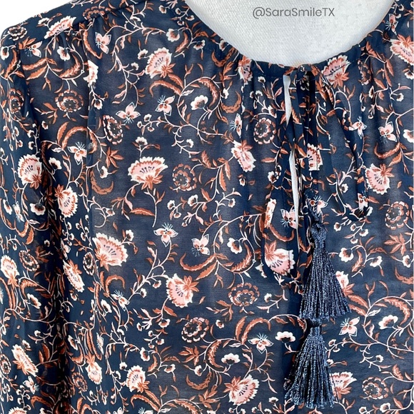 WAYF Navy Floral Print Tassel Tie Long Sleeve Peasant Top - Picture 3 of 11